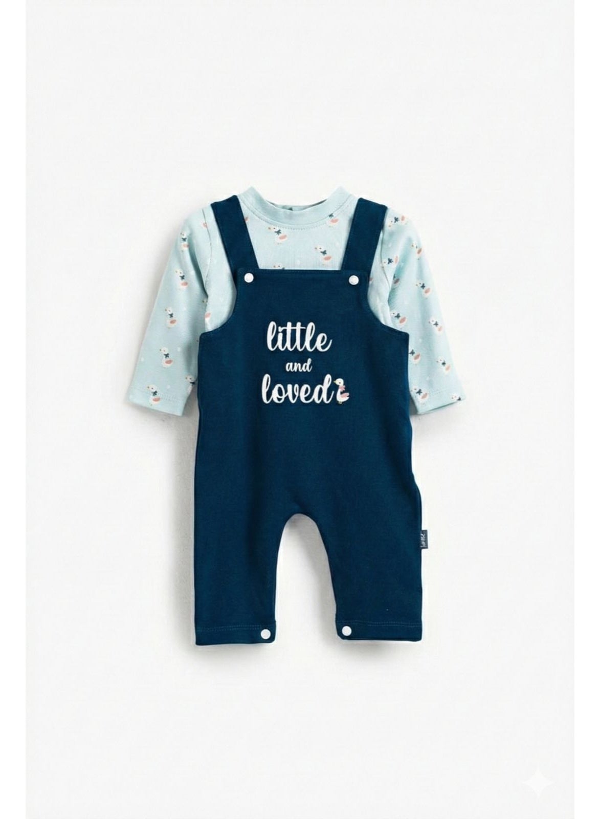 Junior Baby Dungaree Set with Long Sleeve Top, Little and Loved Print, Navy Blue and Light Blue, 100% CottonCode2631